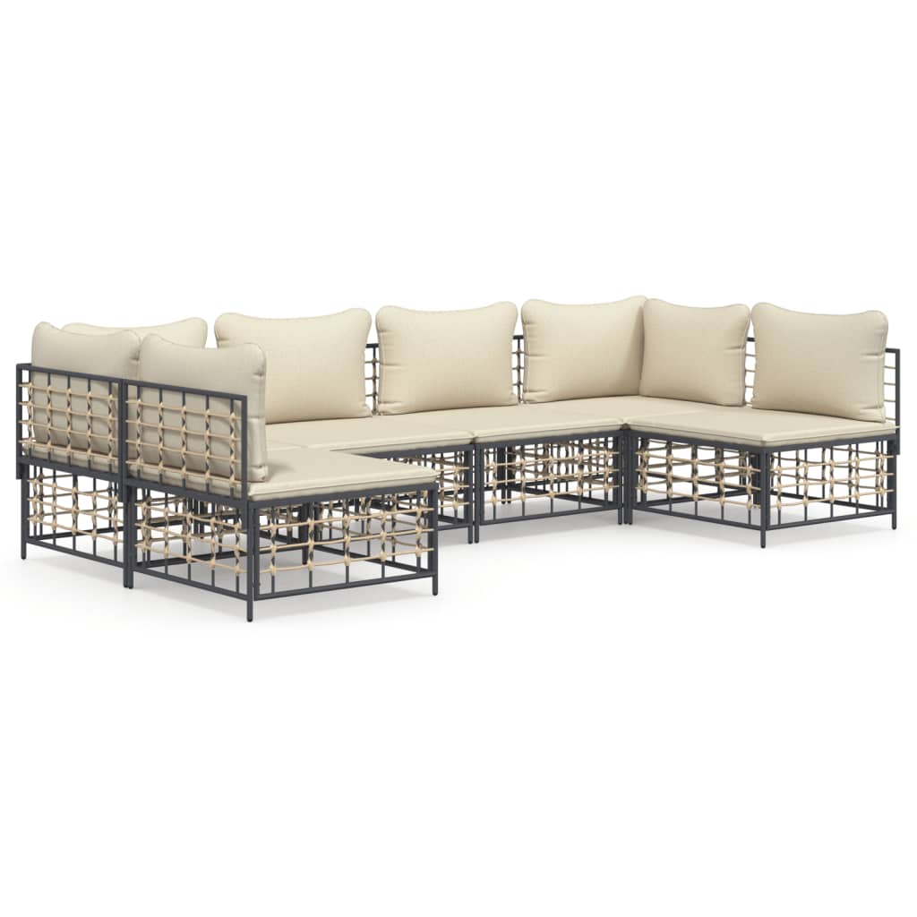 6-Delige Loungeset Met Kussens Poly Rattan Antracietkleurig Beige 2x hoek + 4x midden