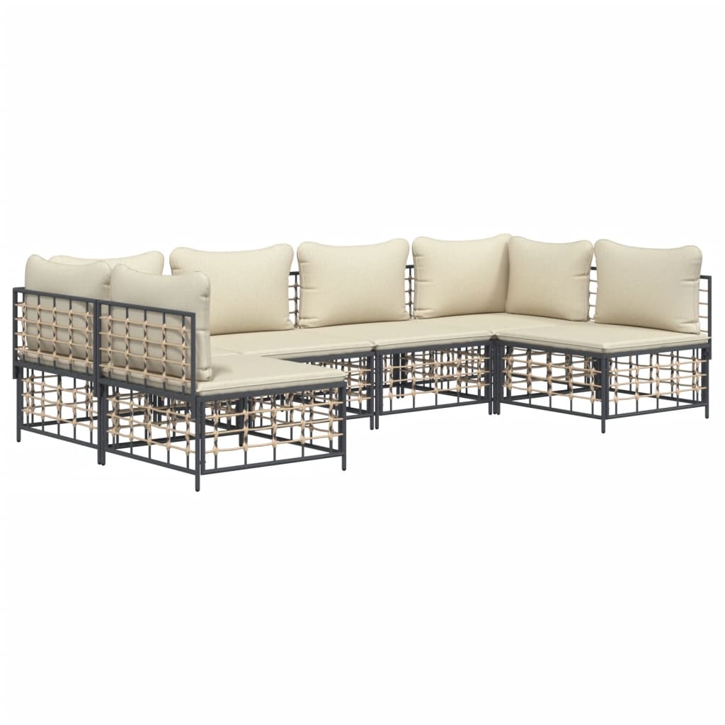 6-Delige Loungeset Met Kussens Poly Rattan Antracietkleurig Beige 2x hoek + 4x midden