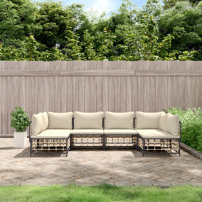 6-Delige Loungeset Met Kussens Poly Rattan Antracietkleurig Beige 2x hoek + 4x midden