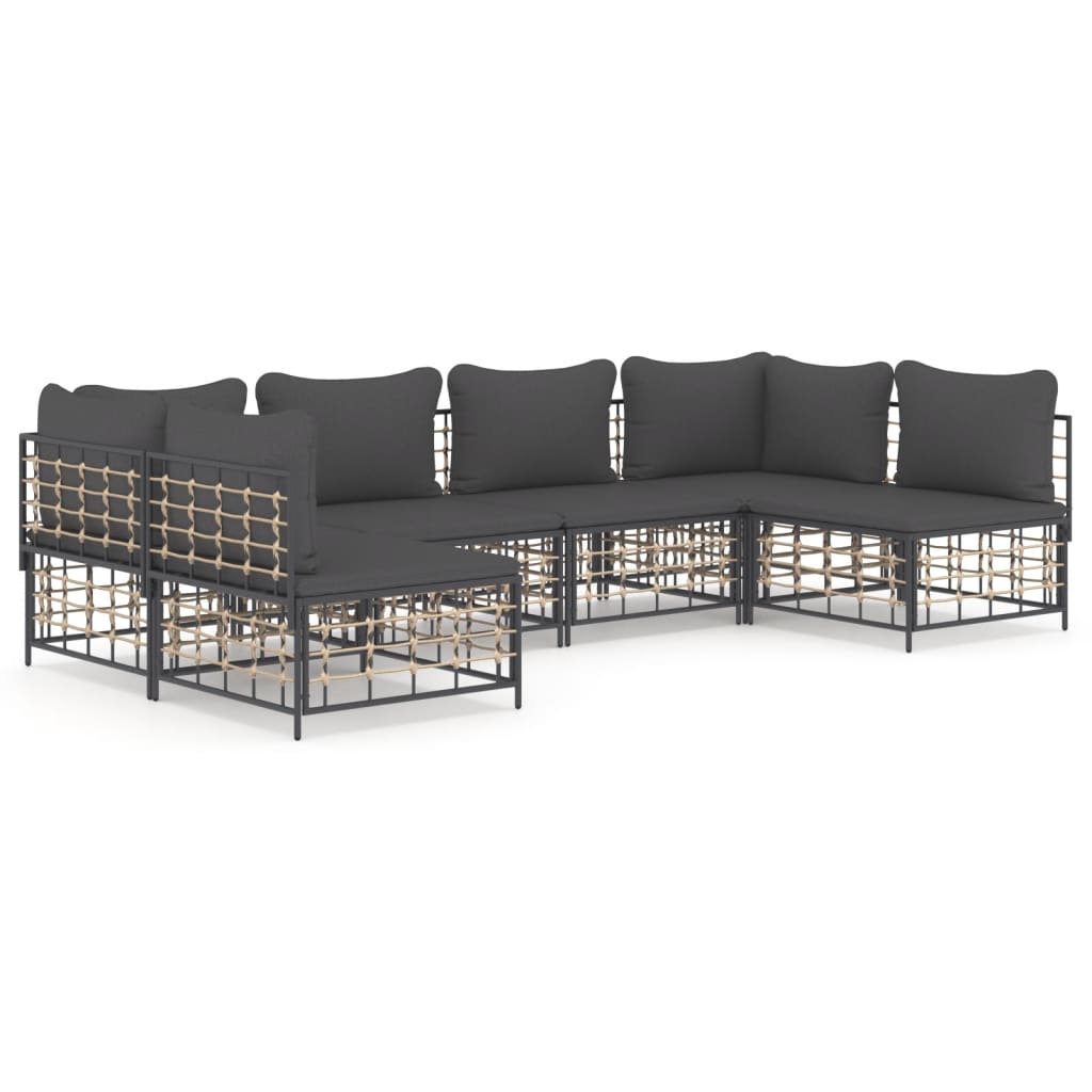 6-Delige Loungeset Met Kussens Poly Rattan Antracietkleurig Donkergrijs 2x hoek + 4x midden