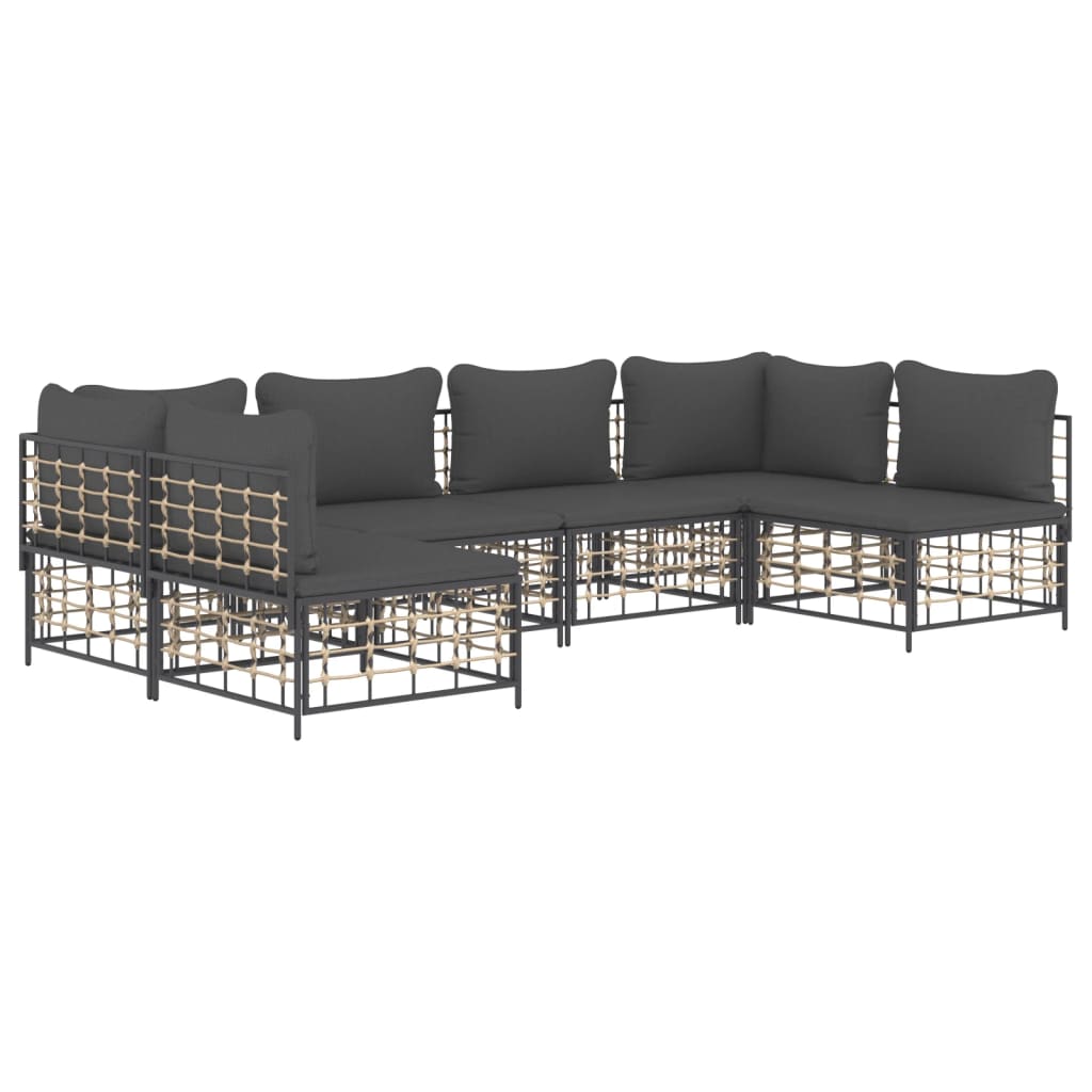 6-Delige Loungeset Met Kussens Poly Rattan Antracietkleurig Donkergrijs 2x hoek + 4x midden