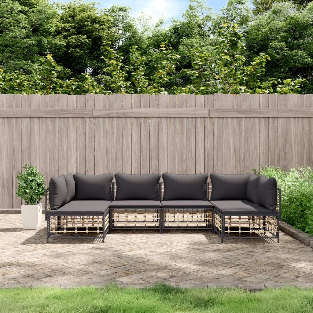 6-Delige Loungeset Met Kussens Poly Rattan Antracietkleurig Donkergrijs 2x hoek + 4x midden