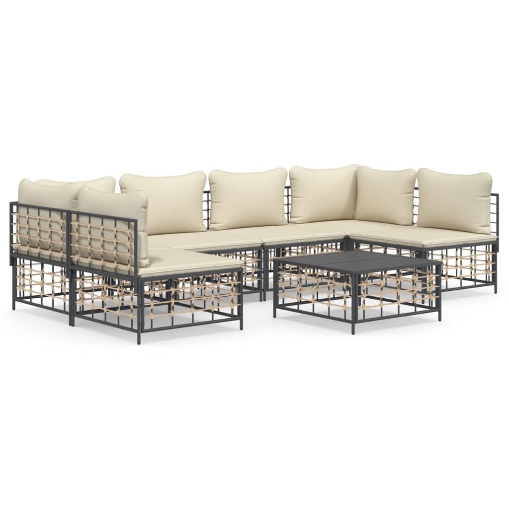 7-Delige Loungeset Met Kussens Poly Rattan Antracietkleurig Beige 2x hoek + 4x midden + Tafel