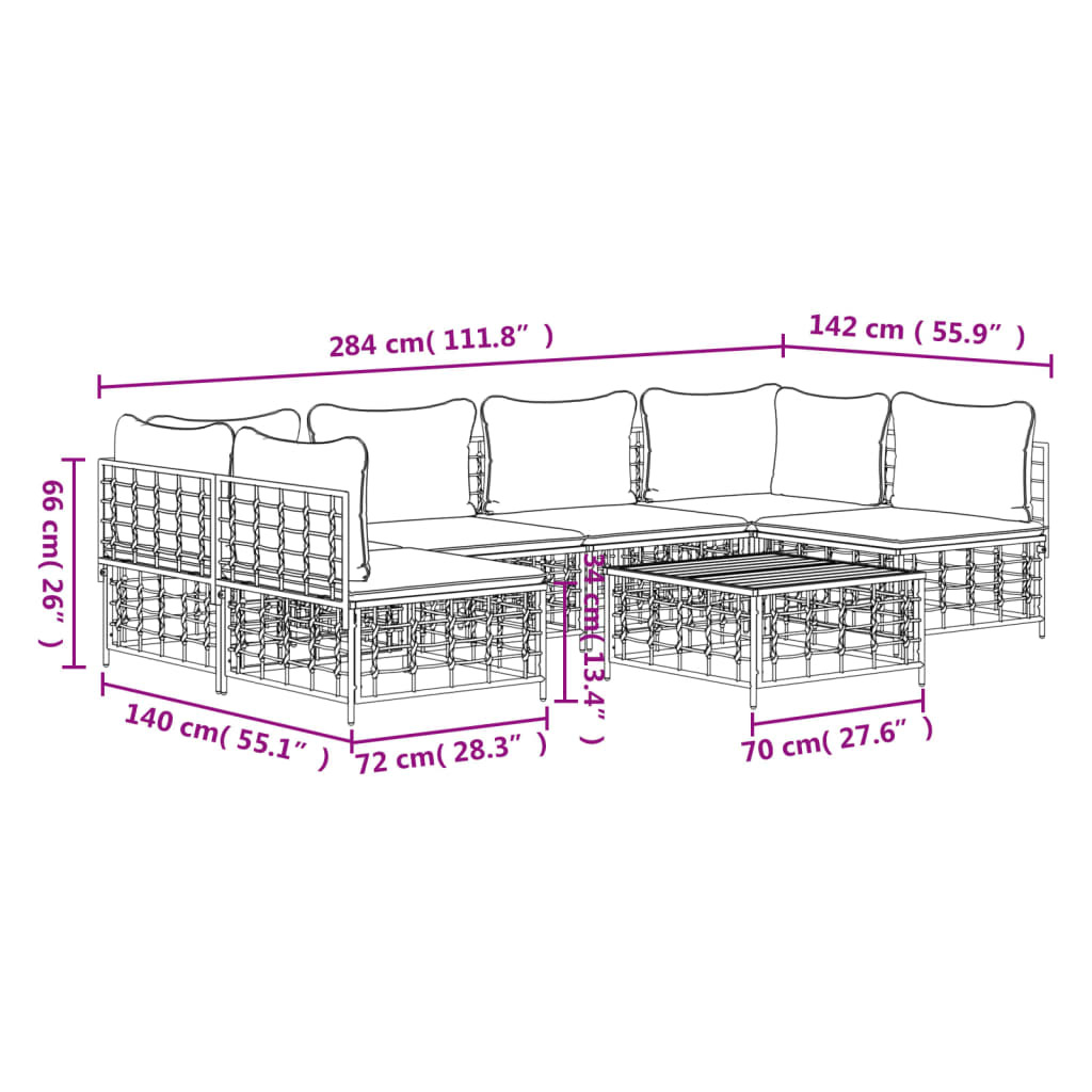 7-Delige Loungeset Met Kussens Poly Rattan Antracietkleurig Beige 2x hoek + 4x midden + Tafel