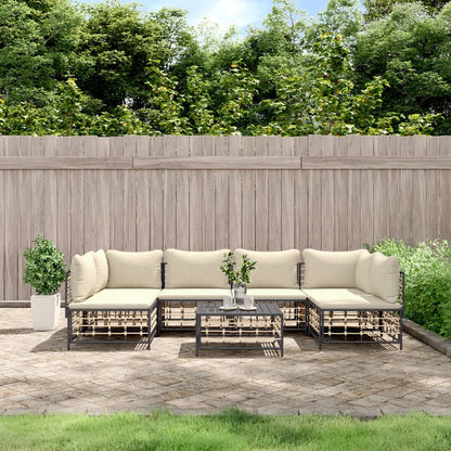 7-Delige Loungeset Met Kussens Poly Rattan Antracietkleurig Beige 2x hoek + 4x midden + Tafel