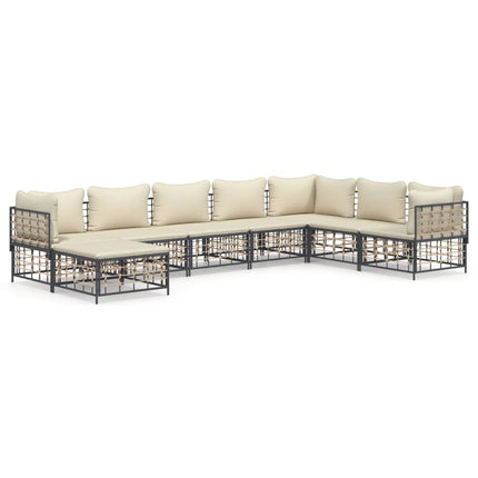 8-Delige Loungeset Met Kussens Poly Rattan Antracietkleurig Beige 3x hoek + 4x midden + voetensteun