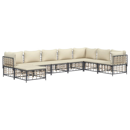 8-Delige Loungeset Met Kussens Poly Rattan Antracietkleurig Beige 3x hoek + 4x midden + voetensteun