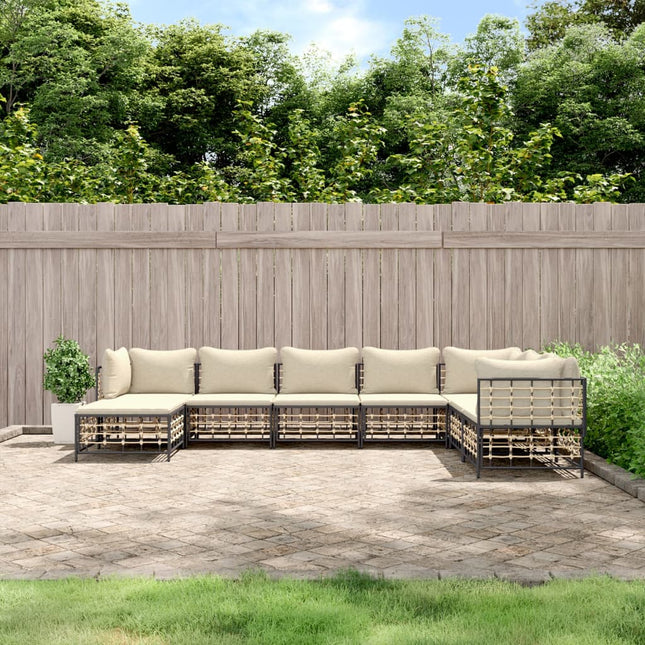 8-Delige Loungeset Met Kussens Poly Rattan Antracietkleurig Beige 3x hoek + 4x midden + voetensteun