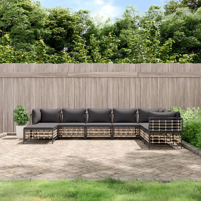 8-Delige Loungeset Met Kussens Poly Rattan Antracietkleurig Donkergrijs 3x hoek + 4x midden + voetensteun