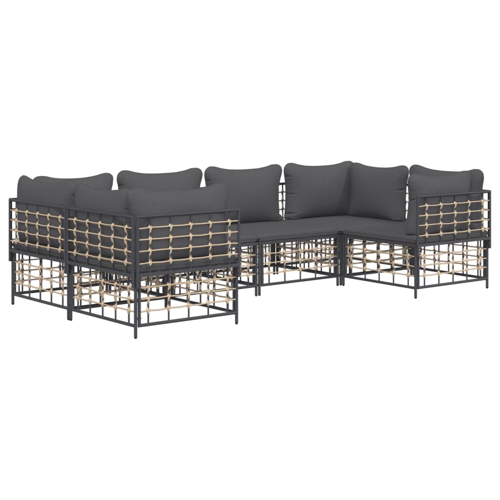 6-Delige Loungeset Met Kussens Poly Rattan Antracietkleurig Donkergrijs 4x hoek + 2x midden
