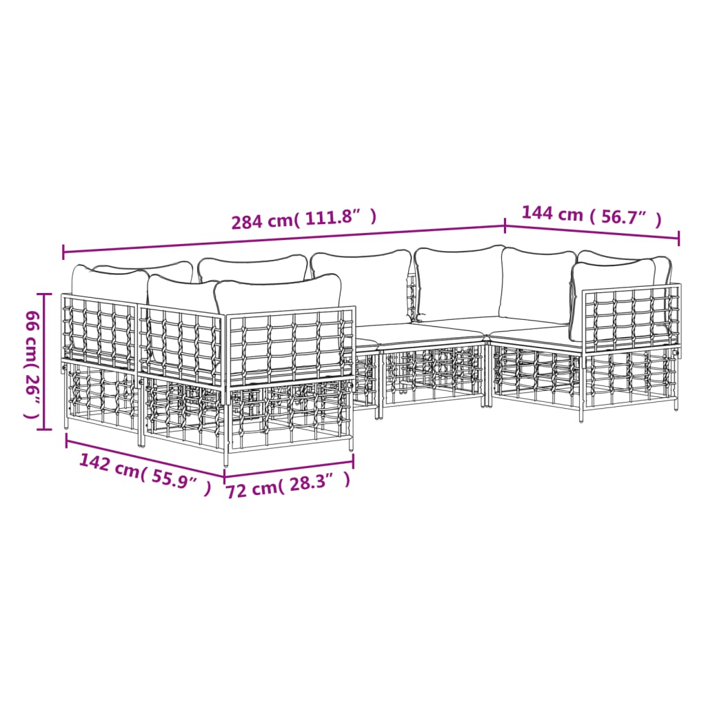 6-Delige Loungeset Met Kussens Poly Rattan Antracietkleurig Donkergrijs 4x hoek + 2x midden