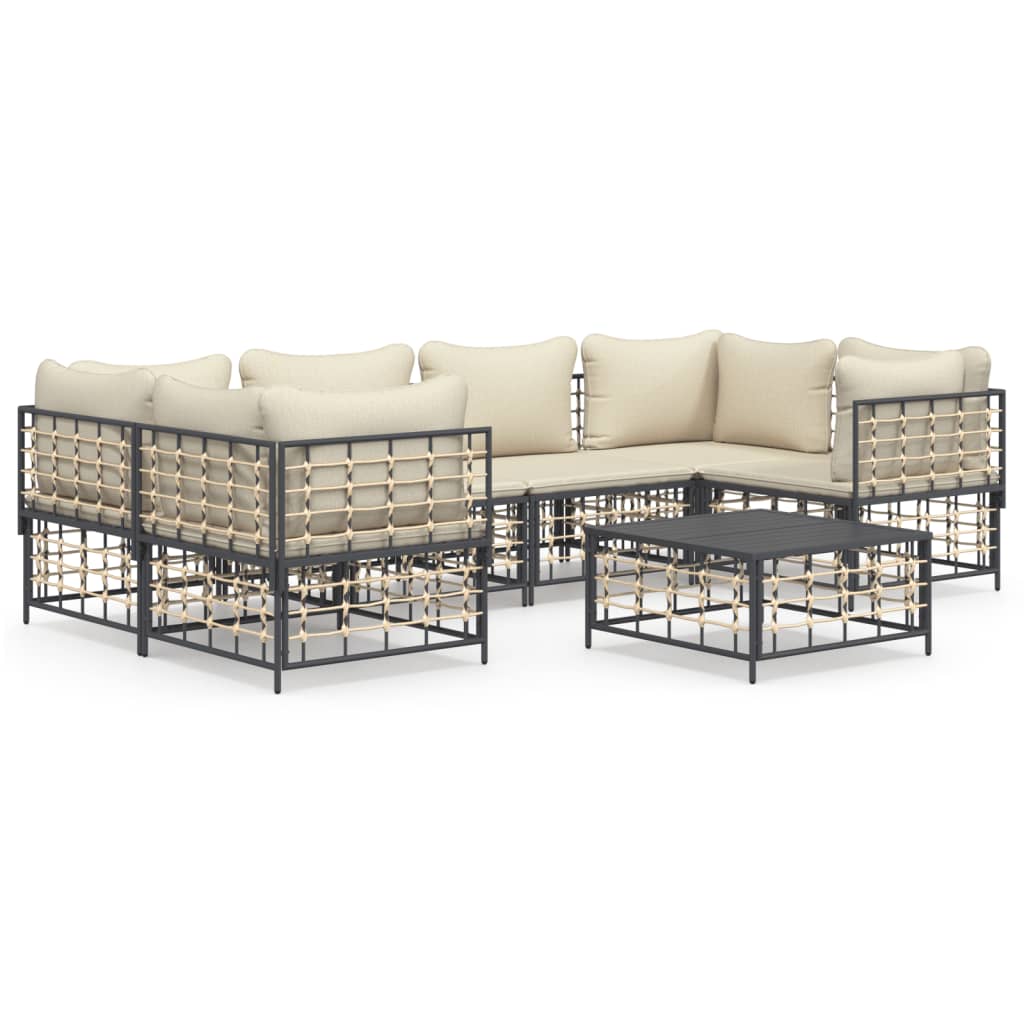 7-Delige Loungeset Met Kussens Poly Rattan Antracietkleurig Beige 4x hoek + 2x midden + Tafel