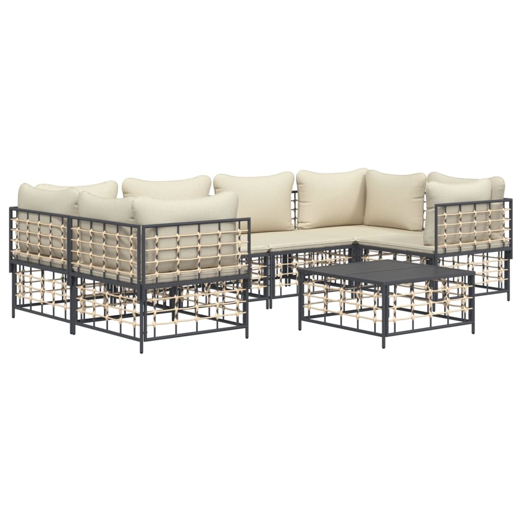 7-Delige Loungeset Met Kussens Poly Rattan Antracietkleurig Beige 4x hoek + 2x midden + Tafel