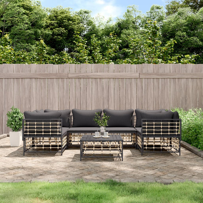 7-Delige Loungeset Met Kussens Poly Rattan Antracietkleurig Donkergrijs 4x hoek + 2x midden + Tafel