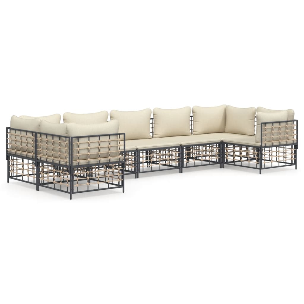 7-Delige Loungeset Met Kussens Poly Rattan Antracietkleurig Beige 4x hoek + 3x midden