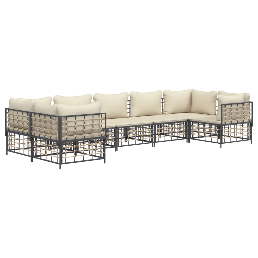 7-Delige Loungeset Met Kussens Poly Rattan Antracietkleurig Beige 4x hoek + 3x midden
