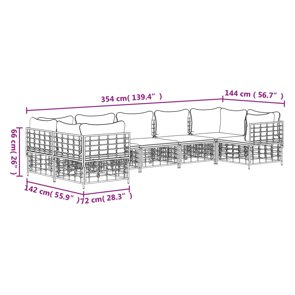 7-Delige Loungeset Met Kussens Poly Rattan Antracietkleurig Beige 4x hoek + 3x midden