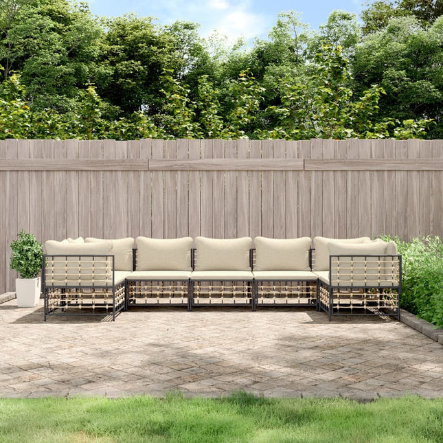 7-Delige Loungeset Met Kussens Poly Rattan Antracietkleurig Beige 4x hoek + 3x midden