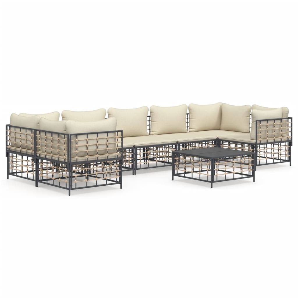 8-Delige Loungeset Met Kussens Poly Rattan Antracietkleurig Beige 4x hoek + 3x midden + Tafel