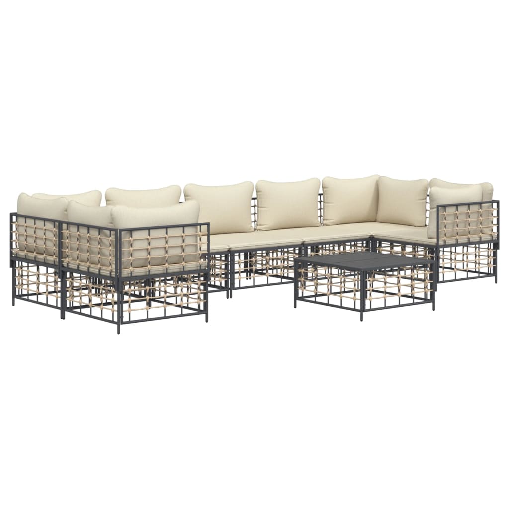 8-Delige Loungeset Met Kussens Poly Rattan Antracietkleurig Beige 4x hoek + 3x midden + Tafel