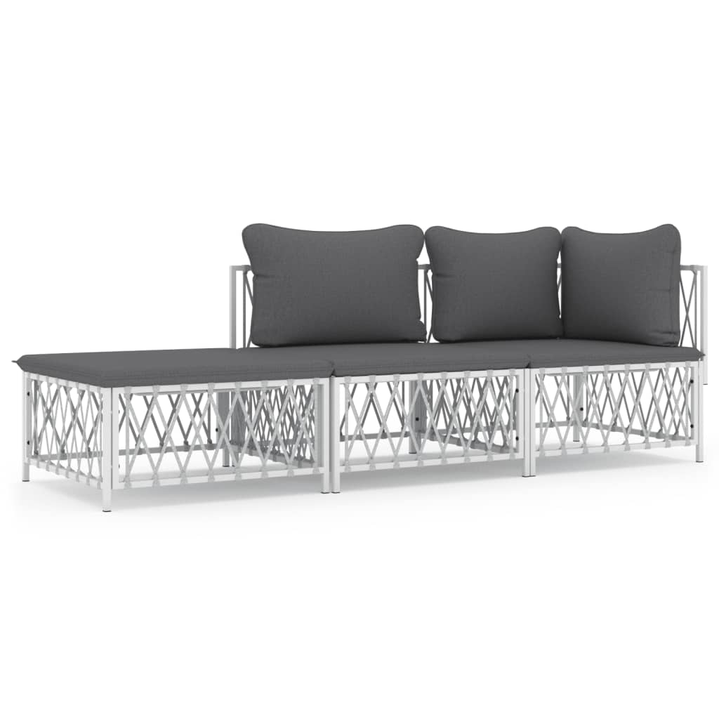 3-Delige Loungeset Met Kussens Staal Wit hoek + midden + voetensteun