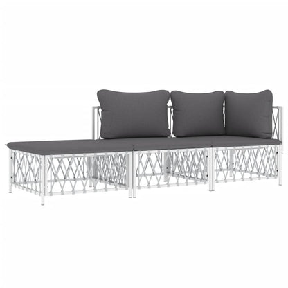 3-Delige Loungeset Met Kussens Staal Wit hoek + midden + voetensteun