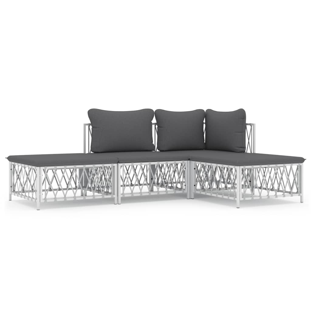 4-Delige Loungeset Met Kussens Staal Wit hoek + midden + 2x voetensteun