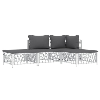 4-Delige Loungeset Met Kussens Staal Wit hoek + midden + 2x voetensteun