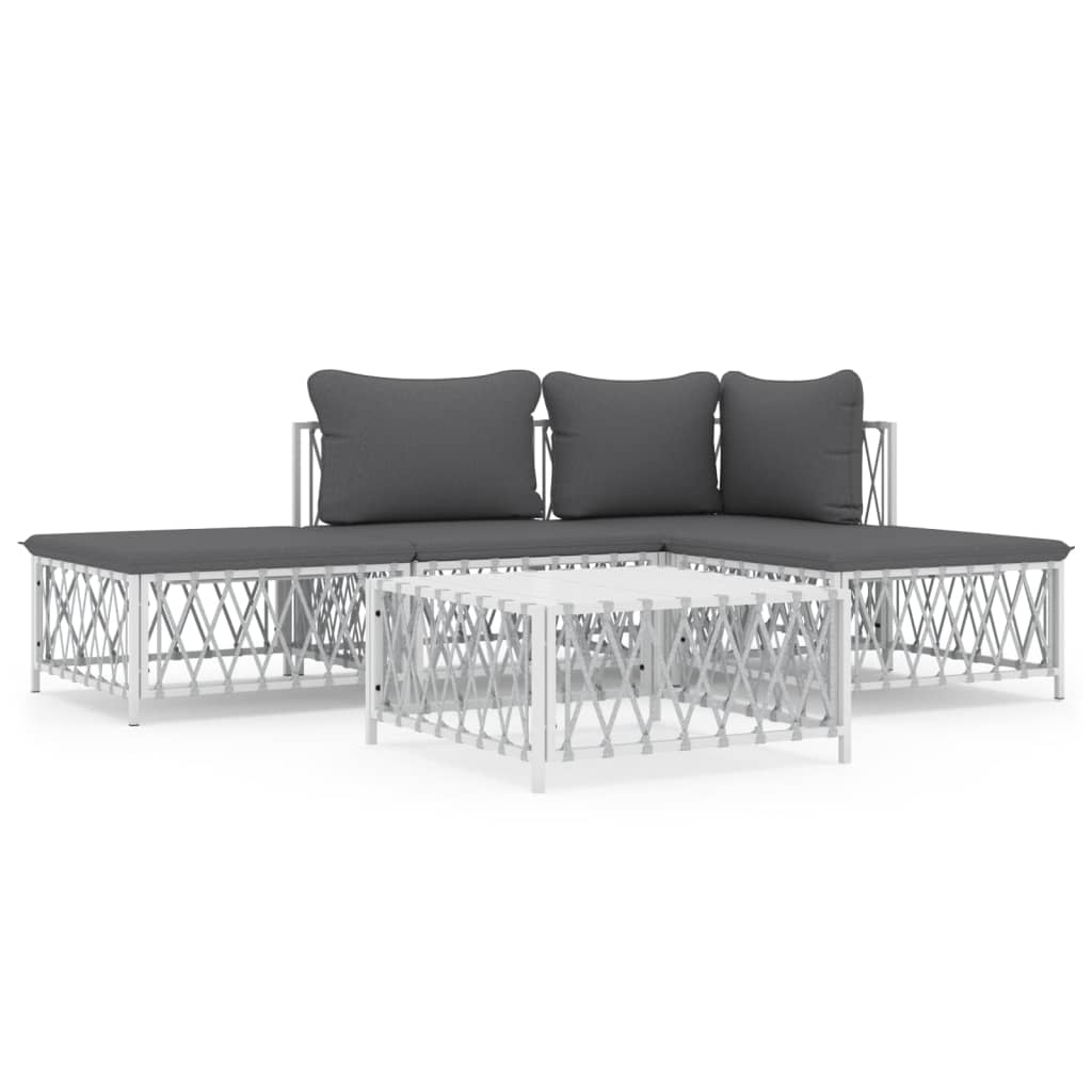 5-Delige Loungeset Met Kussens Staal Wit hoek + midden + 2x voetensteun + Tafel