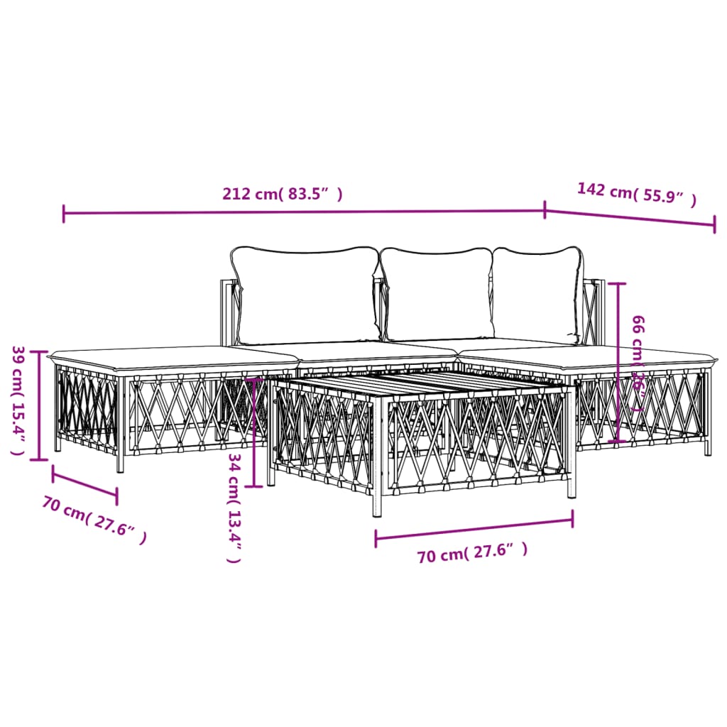 5-Delige Loungeset Met Kussens Staal Wit hoek + midden + 2x voetensteun + Tafel