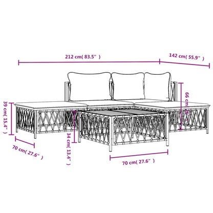 5-Delige Loungeset Met Kussens Staal Wit hoek + midden + 2x voetensteun + Tafel