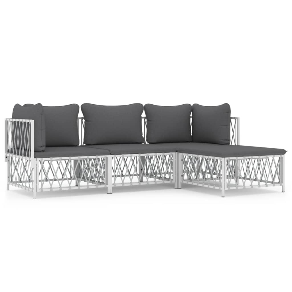 4-Delige Loungeset Met Kussens Staal Wit 2x hoek + midden + voetensteun