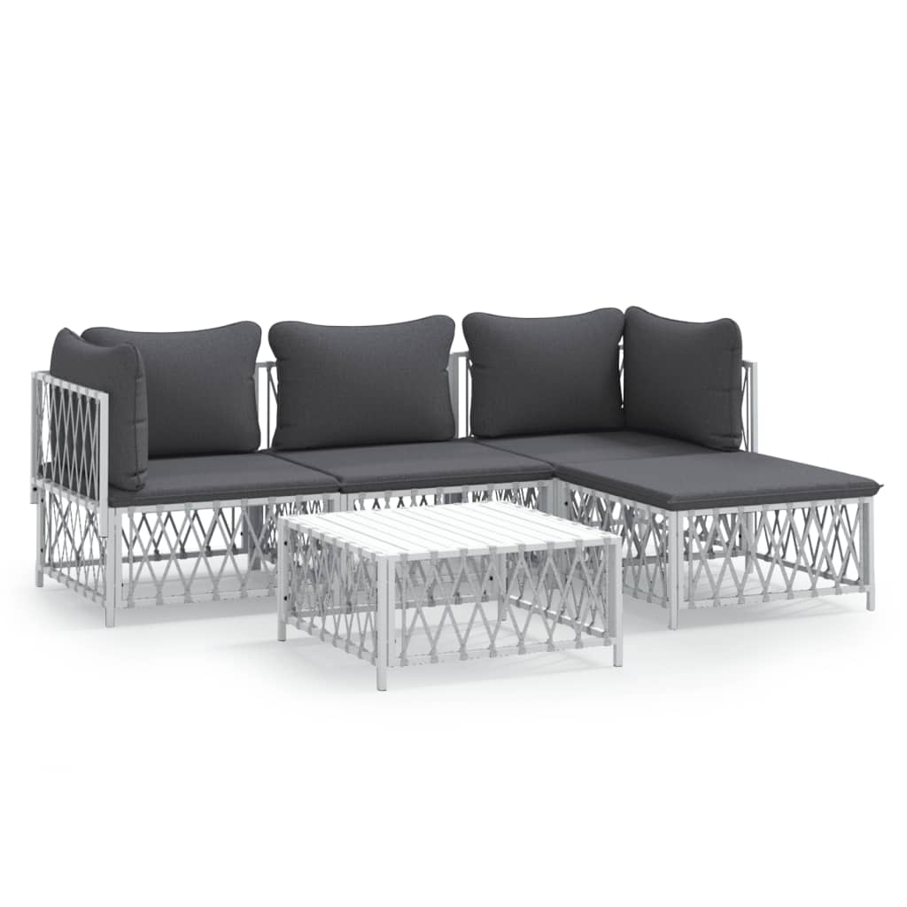 5-Delige Loungeset Met Kussens Staal Wit 2x hoek + midden + voetensteun + Tafel
