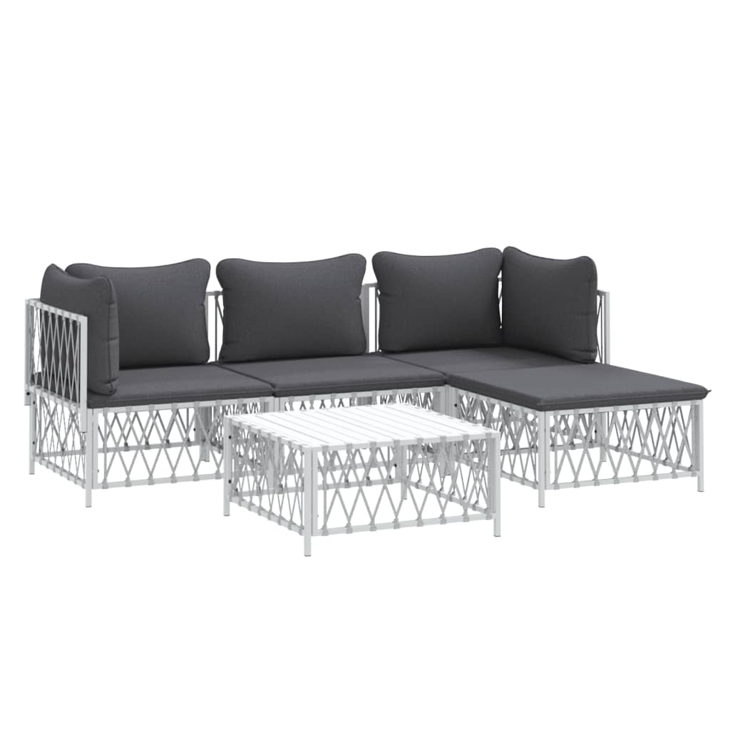 5-Delige Loungeset Met Kussens Staal Wit 2x hoek + midden + voetensteun + Tafel