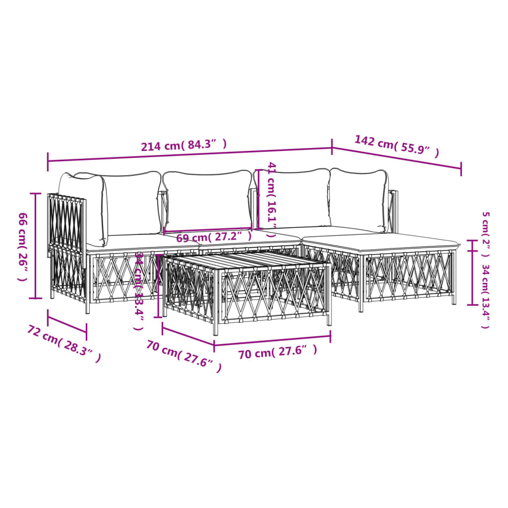 5-Delige Loungeset Met Kussens Staal Wit 2x hoek + midden + voetensteun + Tafel