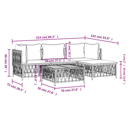 5-Delige Loungeset Met Kussens Staal Wit 2x hoek + midden + voetensteun + Tafel