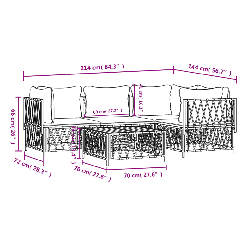 5-Delige Loungeset Met Kussens Staal Wit 3x hoek + midden + Tafel