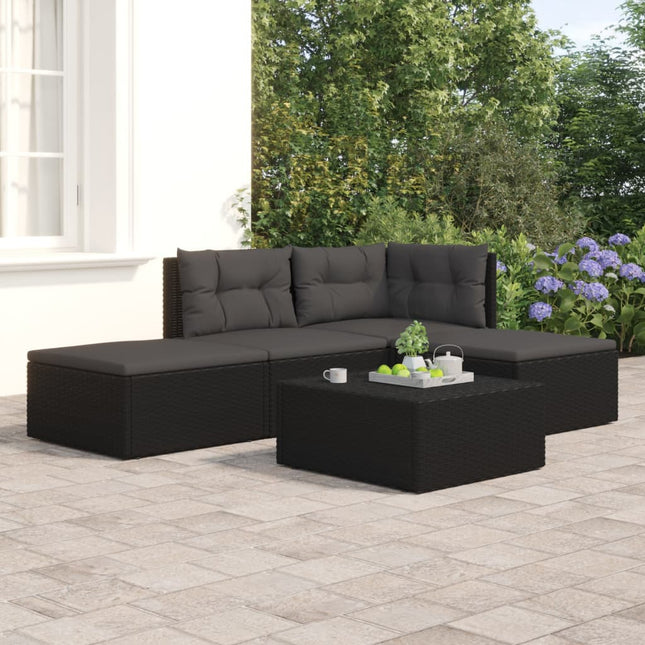 4-Delige Loungeset Met Kussens Poly Rattan Zwart hoek + midden + 2x voetensteun