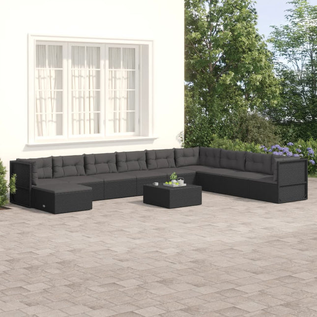 0-Delige Loungeset Met Kussens Poly Rattan Zwart 3x corner + 6x middle + footrest