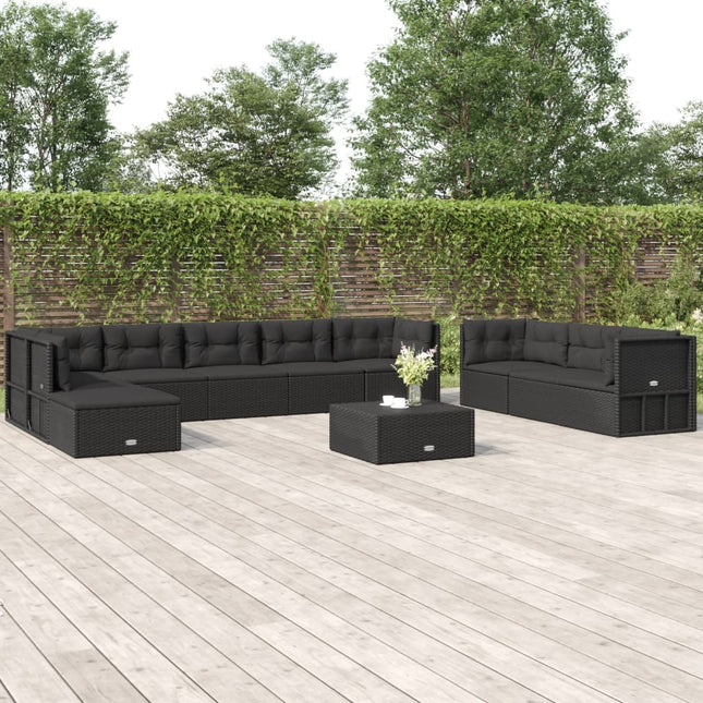 0-Delige Loungeset Met Kussens Poly Rattan Zwart 4x hoek + 5x midden + voetensteun