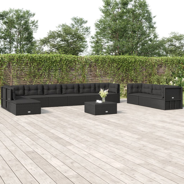 -Delige Loungeset Met Kussens Poly Rattan Zwart 4x hoek + 6x midden + voetensteun