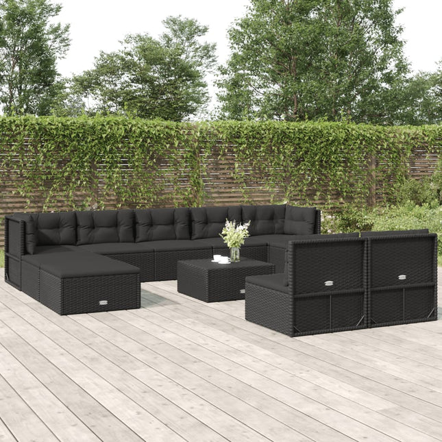 0-Delige Loungeset Met Kussens Poly Rattan Zwart 2x corner + 5x middle + 3x footrest