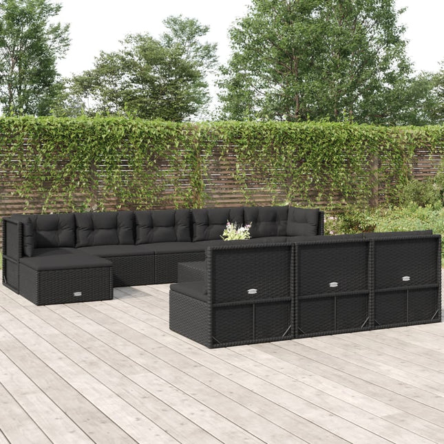 0-Delige Loungeset Met Kussens Poly Rattan Zwart 2x hoek + 6x midden + 2x voetensteun