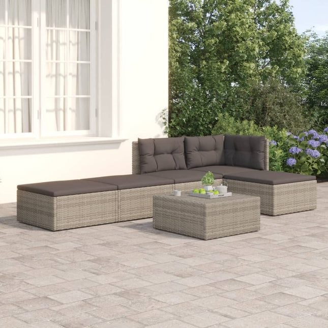 5-Delige Loungeset Met Kussens Poly Rattan Grijs hoek + midden + 3x voetensteun