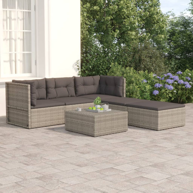 5-Delige Loungeset Met Kussens Poly Rattan Grijs 2x hoek + midden + 2x voetensteun