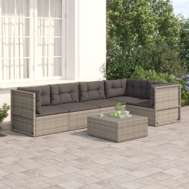 5-Delige Loungeset Met Kussens Poly Rattan Grijs 3x hoek + 2x midden