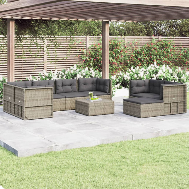 8-Delige Loungeset Met Kussens Poly Rattan Grijs 5x hoek + 2x midden + voetensteun