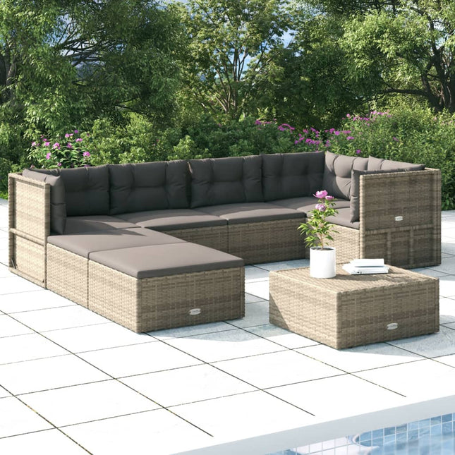 7-Delige Loungeset Met Kussens Poly Rattan Grijs 3x hoek + 2x midden + 2x voetensteun