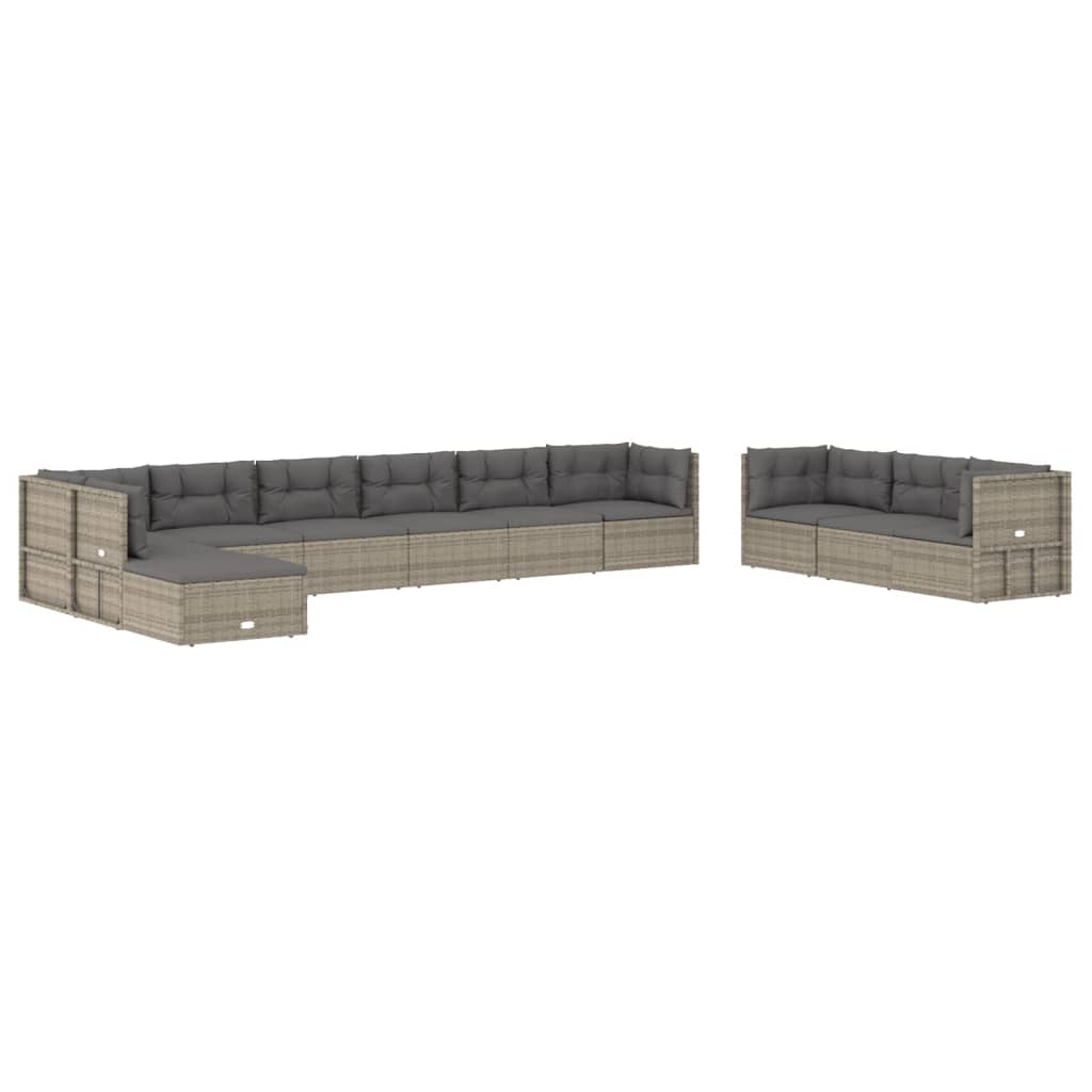-Delige Loungeset Met Kussens Poly Rattan Grijs 4x hoek + 6x midden + voetensteun