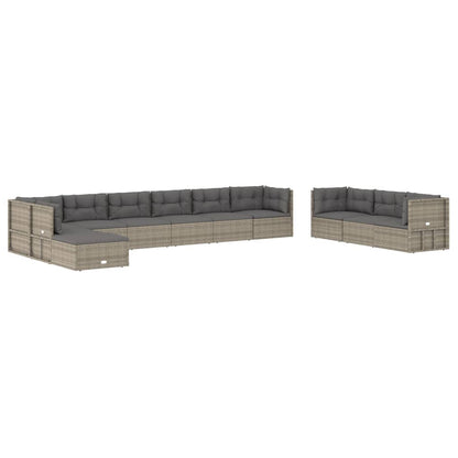 -Delige Loungeset Met Kussens Poly Rattan Grijs 4x hoek + 6x midden + voetensteun